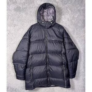 Vintage Nike Puffer Jacket Mens L Quilted Bubble Grey Duck Down Y2K Long Trench